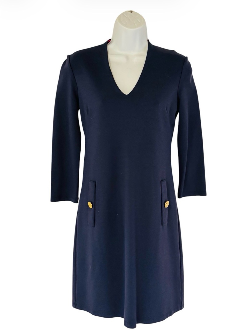 Eliza J Navy Blue Ponte Shift Dress with Gold Buttons, Size 2